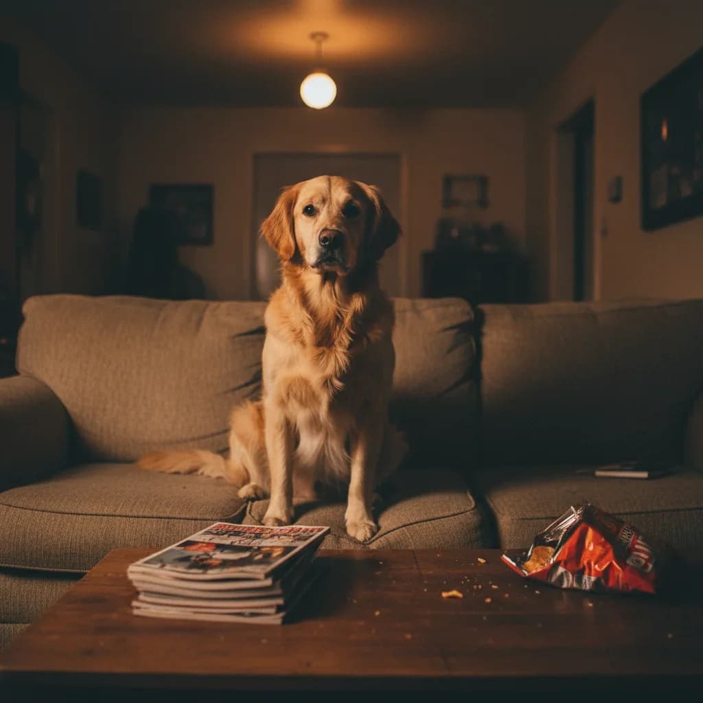 Storybook-style illustration of a dog before