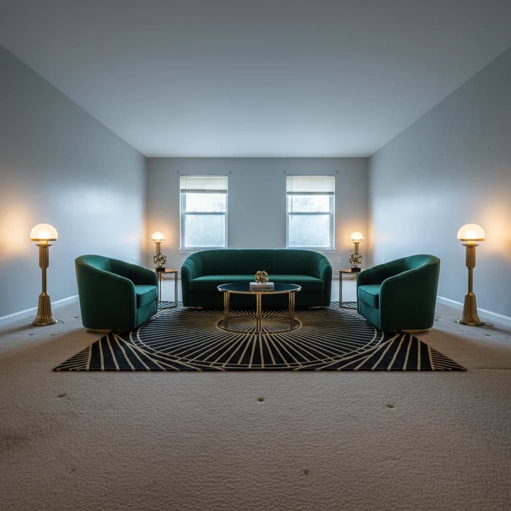 Empty living room staged with modern furniture via AI